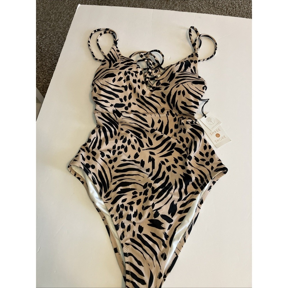 SHADE & SHORE 1 Pc Swimsuit Beige Black Animal Print Lacing Small (4-6) C607